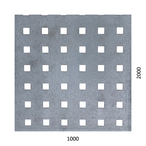Děrovaný plech čtvercový řadový Zn, otvor: 10x10 mm, rozteč: 30 mm (2000x1000x1,5 mm)